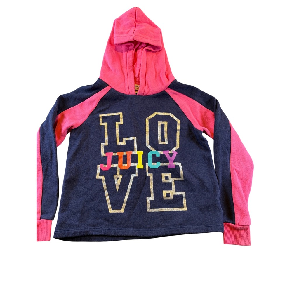 Juicy Couture Girls Navy Pink Love Graphic Hoodie Sweatshirt Size 7